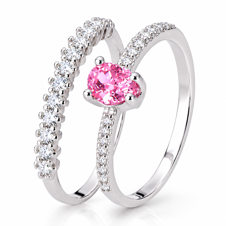 Kit de Anéis em Prata 925 com Zircônia Rosa e Cravejamento Brilhante