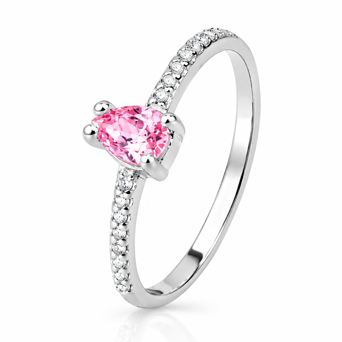 Anel de Prata Gota Rosa Solitário Cravejado